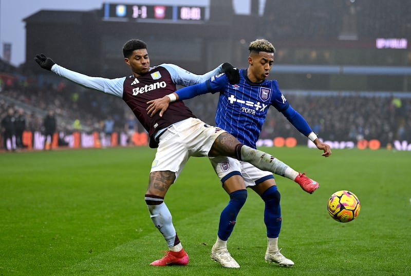 Marcus Rashford in action for Aston Villa against Ipswich Town's Omari Hutchinson. Photograph: Gareth Copley/Getty Images