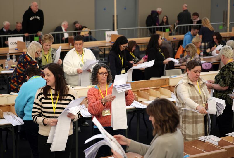 The 19th count on the afternoon of the third day of counting for the 34th Dáil at the Louth Constituency count centre in Coláiste Chú Chulainn, Dundalk. Photograph: Chris Maddaloni/The Irish Times