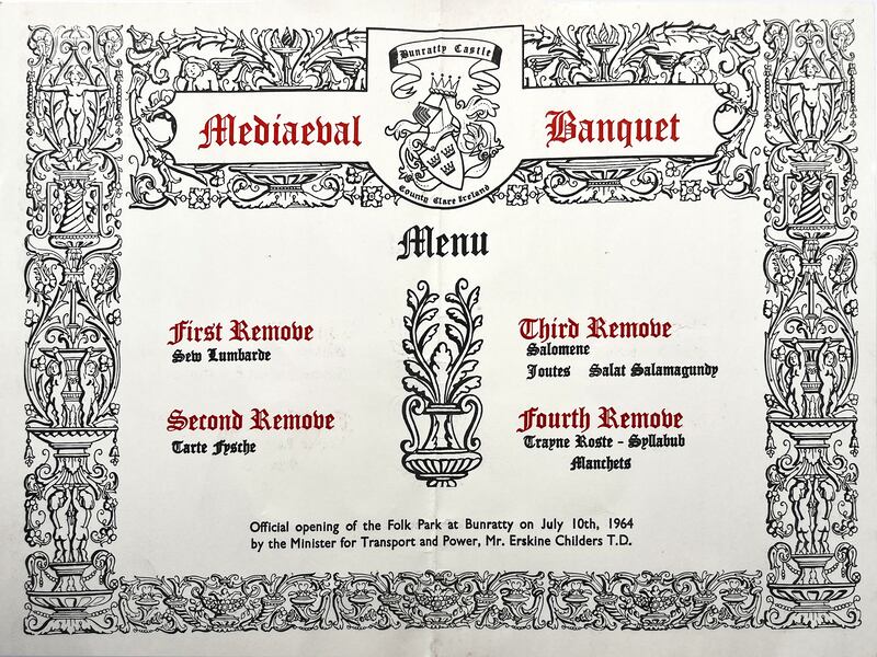 Menu for the medieval banquet at Bunratty Castle to mark the opening of the Bunratty Folk Park on July 10th, 1964. Photograph: Rosita Boland