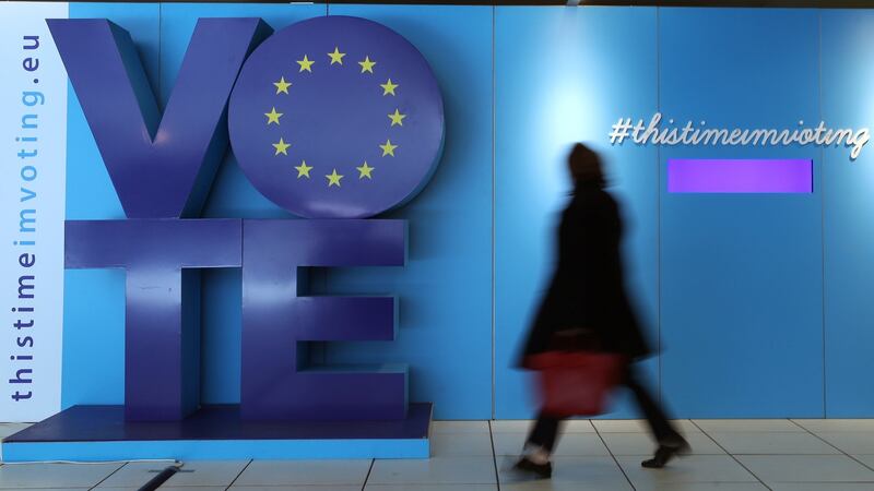 An advertising board for the EU elections in Brussels. Photograph: Yves Herman/Reuters