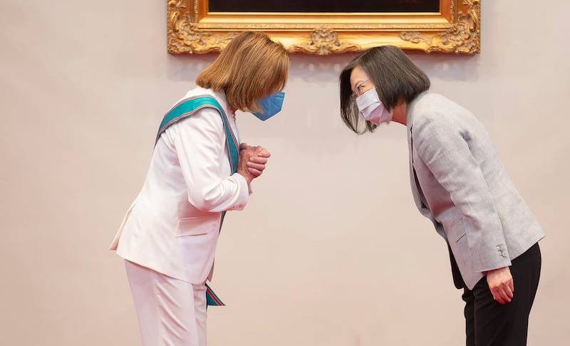 US House speaker Nancy Pelosi and Taiwanese president Tsai Ing-wen meet in Taipei earlier this month. Photograph: Taiwan presidential Office via AP