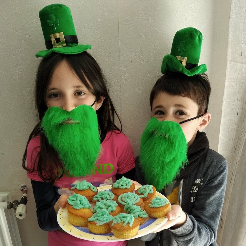 St Patrick’s Day: Sheila Campion’s children, Tara and Killian, with the cupcakes they made last year, just after French schools shut