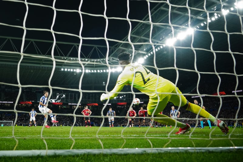 Real Sociedad’s Mikel Oyarzabal scores from the penalty spot to level the score at 1-1. Photograph: Juan Manuel Serrano Arce/Getty Images