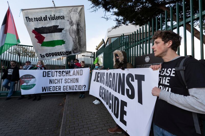 Members of the Irish Jewish organisation Jews for Palestine outside the German embassy in Booterstown, Dublin in November, demanding Germany stop supporting Israel's military campaign in Gaza. Photograph: Colin Keegan/Collins Dublin