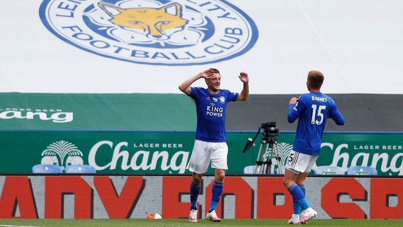 Harvey Barnes celebrates with Jamie Vardy after he scored his second against Palace. Photograph: Adrian Dennis/Getty