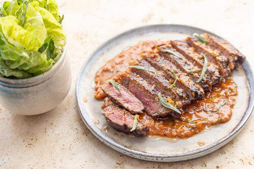 Striploin steak with bois boudrin sauce and dressed Baby Gem