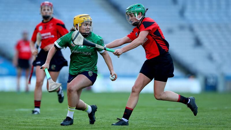 Sarsfields’ Siobhán McGrath in action against  Stacey Kehoe of Oulart The Ballagh at Croke Park. Photograph: Ryan Byrne/Inpho