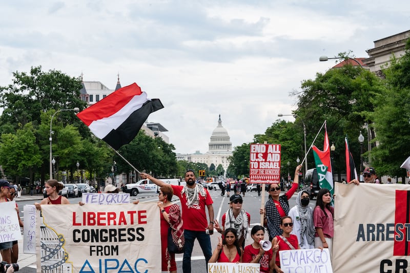 Pro-Palestinian demonstrators protest near the US Capitol as Israeli prime minister addresses a joint meeting of Congress. Photograph: Andrew Thomas/AFP via Getty Images