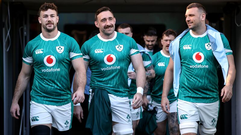 Caelan Doris, Jack Conan and Tadhg Beirne arrive out for the Captain’s Run at the Aviva Stadium. Photograph: Ben Brady/Inpho