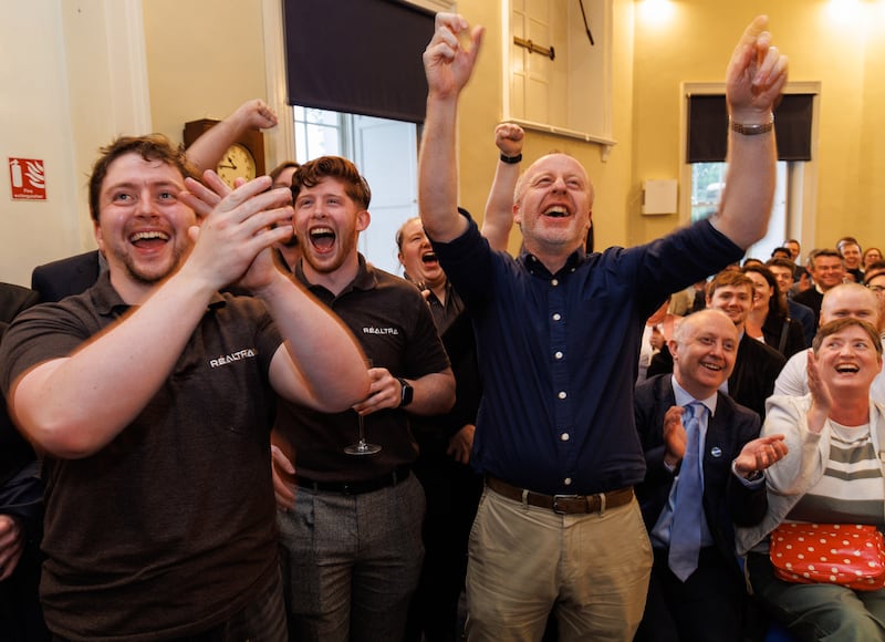 Peter Reynolds, Jake O’Brien and Ronan Wall of Irish space engineering company Réaltra cheer as Ariane 6, the new European rocket launch vehicle, launches into space on July 9th, with Réaltra camera technology on board. Photograph: Damien Eagers/Coalesce