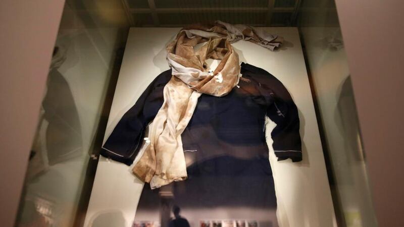 The blood soaked school uniform belonging to Nobel Laureate Malala Yousafzai is displayed at the Nobel Peace Center in Oslo. Photograph: Suzanne Plunkett/Reuters.