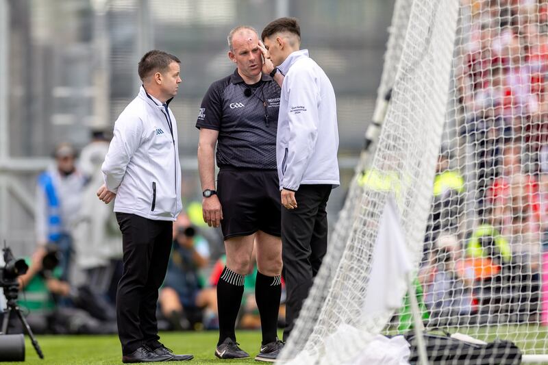 Johnny Murphy, who had received a cut to the forehead, consults officials during the 2024 hurling final. 'The only reason I went to my umpire was to give myself 30 seconds. Just to reassess.' Photograph: Morgan Treacy/Inpho