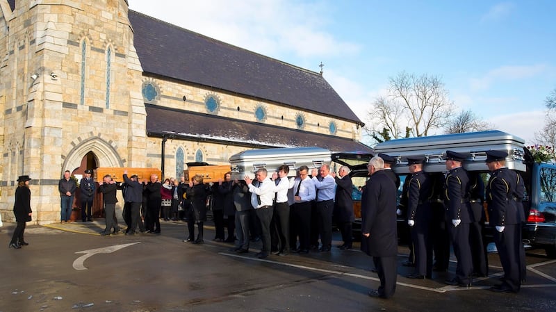 Funerals of the Alexander family, Doug snr, Lily, Doug jnr and Steve at Cushinstown church, Co Wexford  on Monday. Photograph: Mary Browne