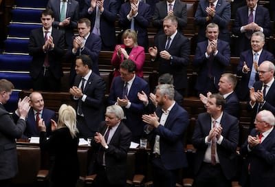 Taoiseach Micheál Martin receives a standing ovation in the Dáil Chamber. Photograph: John McElroy/Maxwel Photography