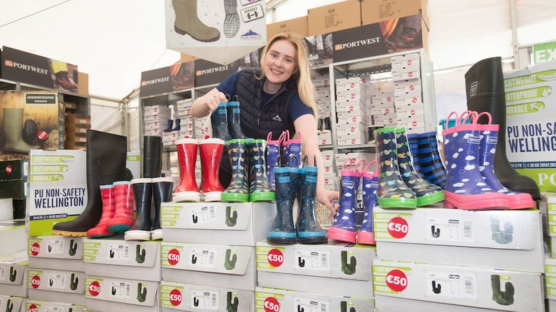 Marketing manager Elaine Wynne sets up the display of wellies on the Portwest stand at Screggan, Tullamore Monday 17 September 2018 for the final preparations for the Ploughing Championships.Picture: Alf Harvey.