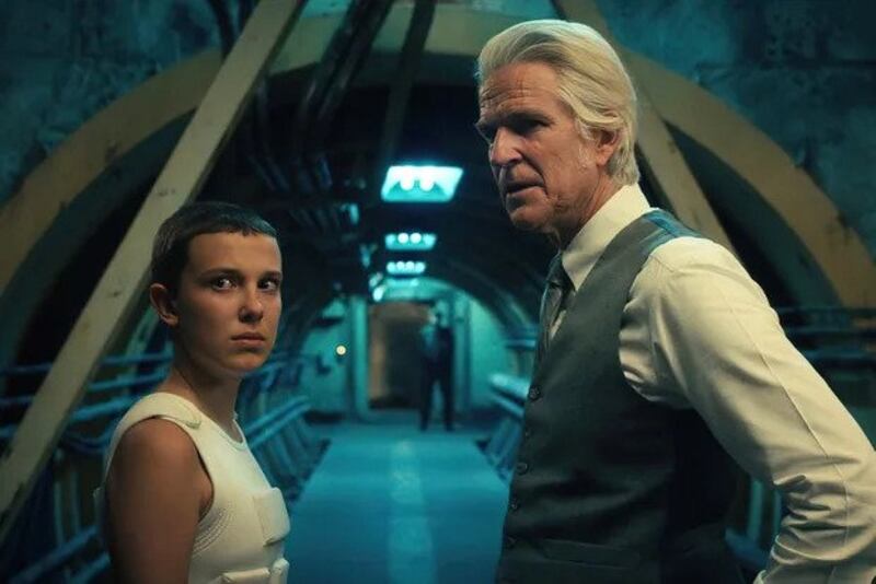 Millie Bobby Brown as Eleven and Matthew Modine as Dr Brenner in Stranger Things