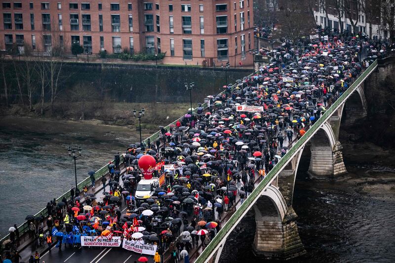 Protesters participate in a demonstration in Toulouse, France. Photograph: Lionel Bonaventure/AFP via Getty Images