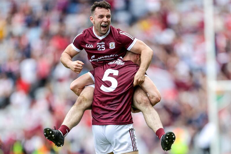 Galway's Dessie Conneely celebrates at the final whistle of the All-Ireland Senior Championship semi-fina with Dylan McHugh. Photograph: INPHO/Laszlo Geczo