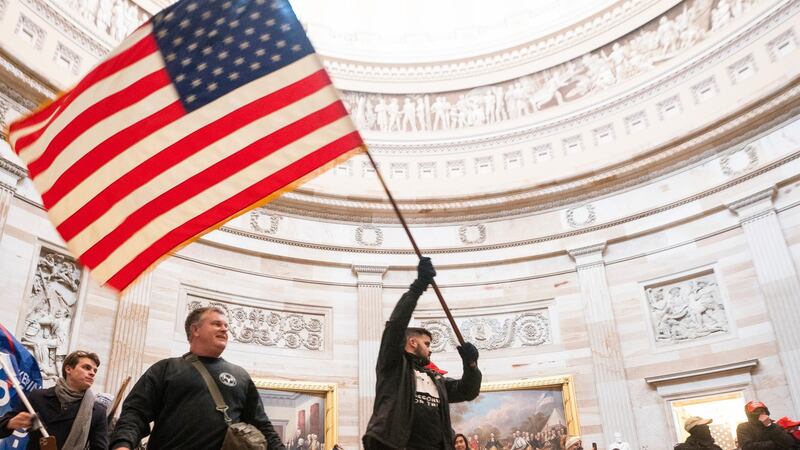 Supporters of Trump in the Capitol Rotunda after breaching Capitol security. Photograph: EPA/Jim Lo Scalzo