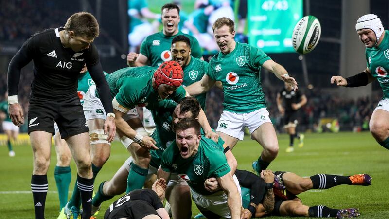 Stockdale celebrates scoring Ireland’s try. Photo: Gary Carr/Inpho