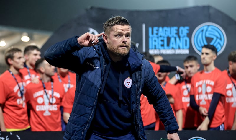 Shelbourne manager Damien Duff celebrates winning the title following his side's victory over Derry City at the Ryan McBride Brandywell. Photograph: Dan Sheridan/Inpho 