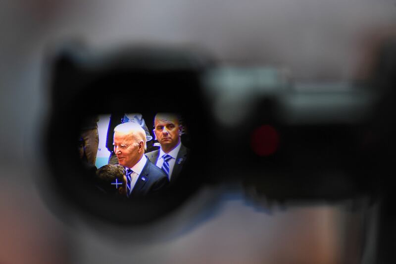 The image of US president Joe Biden through a camera viewfinder after he delivered a speech at Ulster University. Photograph: Chris J. Ratcliffe/Bloomberg