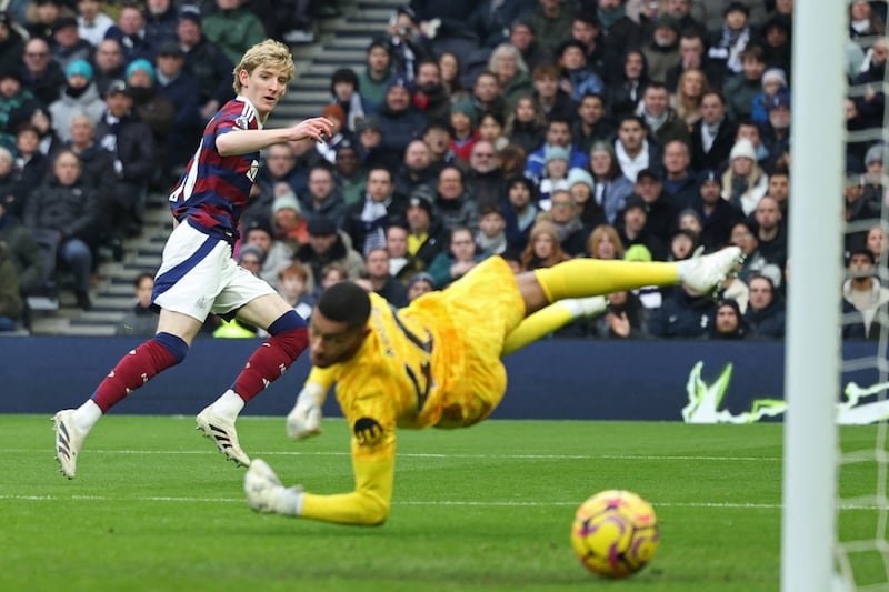 Anthony Gordon scores for Newcastle against Tottenham Hotspur. Photograph: Adrian Dennis/AFP via Getty Images