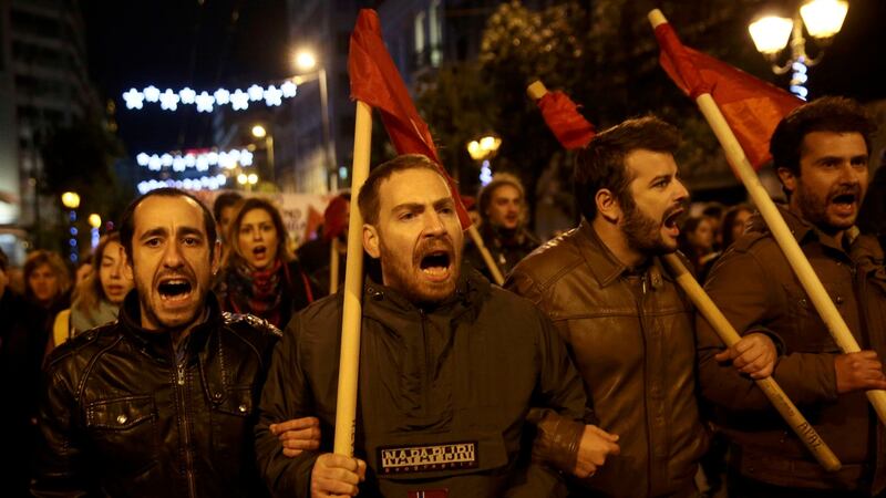 Protesters shout slogans during a demonstration against the visit of US president Barack Obama, in Athens, Greece, November 15th, 2016. Photograph: Alkis Konstantinidis/Reuters