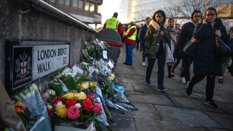 Floral tributes are left for Jack Merritt and Saskia Jones, who were killed in a terror attack, on December 2, 2019 in London. Photograph: Peter Summers/Getty