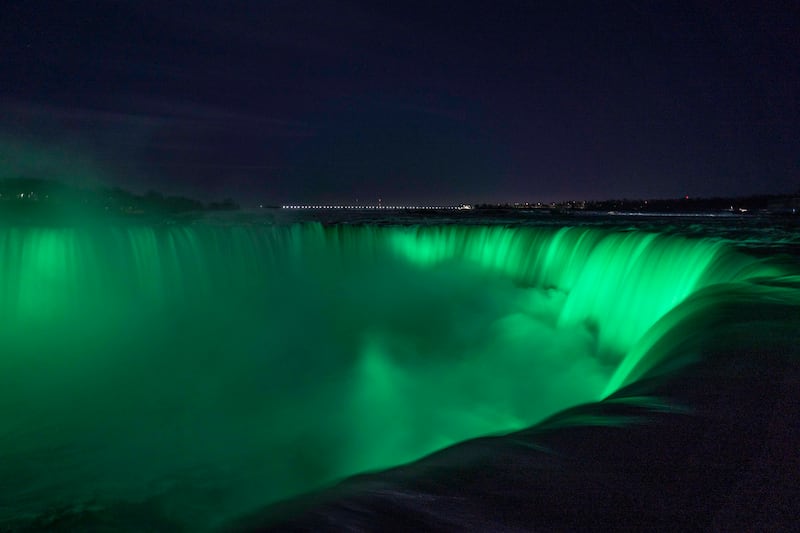 Niagara Falls in Ontario, Canada joins Tourism Ireland’s "Global Greening" initiative to mark St Patrick’s Day. 
Photograph: Tourism Ireland