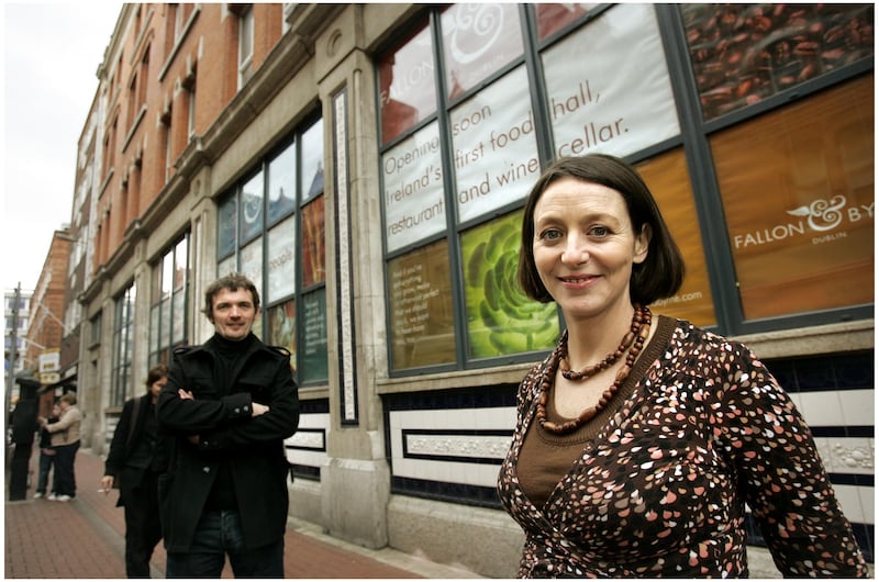 Fiona McHugh and her husband Paul Byrne, pictured outside the Fallon & Byrne premises on Exchequer Street, Dublin, in 2006. Photograph: Dara Mac Dónaill 