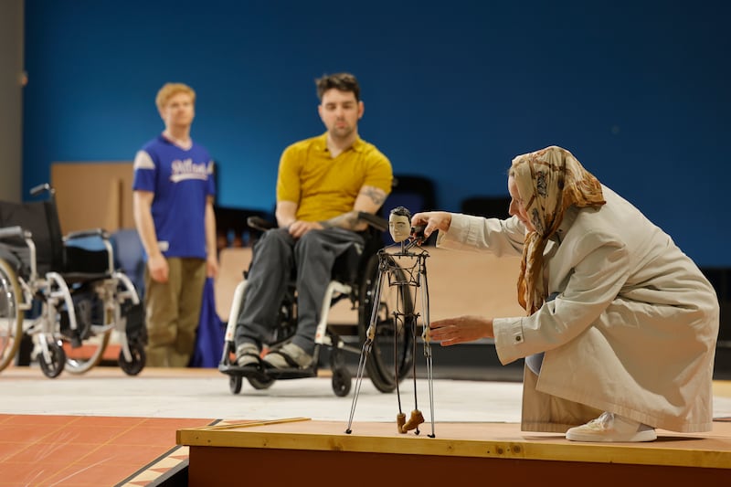 Mark Fitzgerald, Eric Fitzgerald and Julie Sharkey during rehearsals.
Photograph: Alan Betson/The Irish Times

