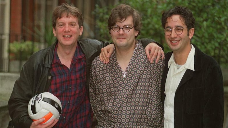 Frank Skinner with Statto, aka Angus Loughran, and David Baddiel, who fronted BBC Two’s Fantasy Football League 20 years ago. Photograph: Getty