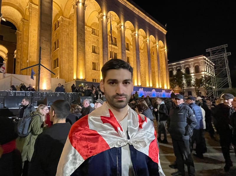 Tbilisi resident Giorgi (23) at an opposition rally in the Georgian capital on Monday evening. Photograph: Daniel McLaughlin