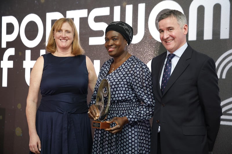 Ade Adeleke, accepting the award on behalf of her daughter Rhasidat at the Sportswoman of the Year. Photograph: Nick Bradshaw