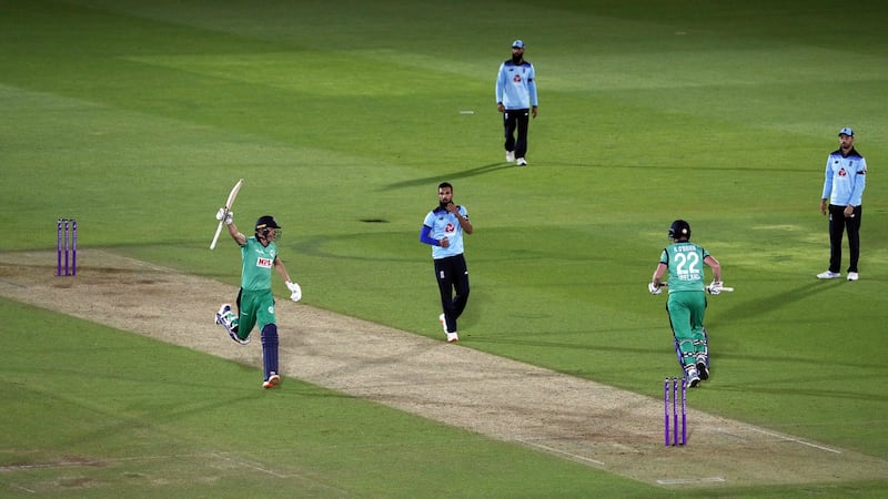 Harry Tector and Kevin O’Brien of Ireland celebrate victory over England. Photograph: Adrian Dennis/Getty Images