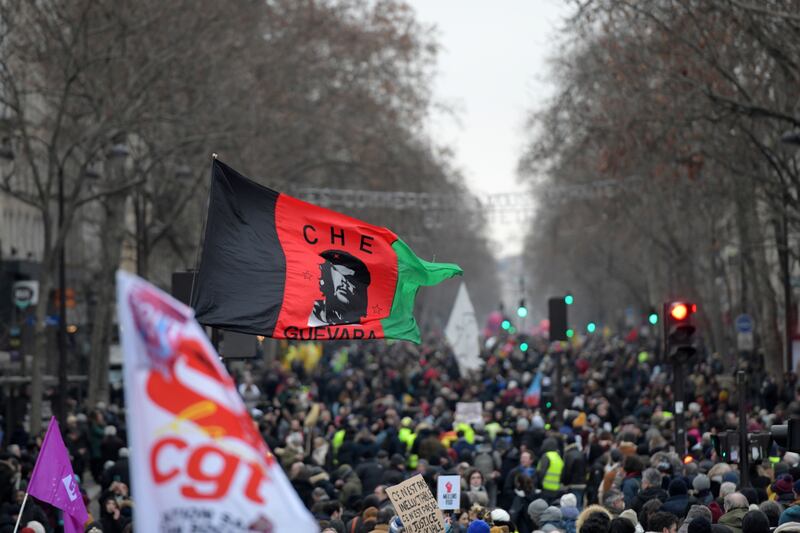 Protesters against French president Emmanual Macron's planned pension reform in Paris on Thursday. Photograph: Nathan Laine/Bloomberg