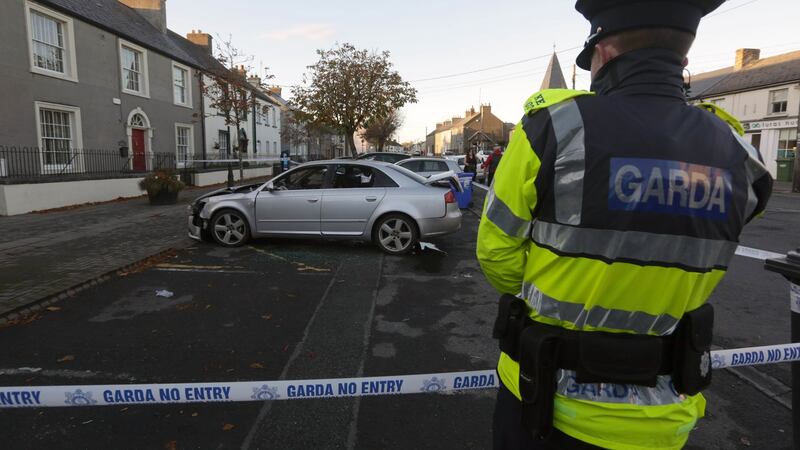 A partially burnt out car on Woodstock Street in Athy, Co Kildare, that is linked to a fatal stabbing in the town. Photograph: Laura Hutton/Collins