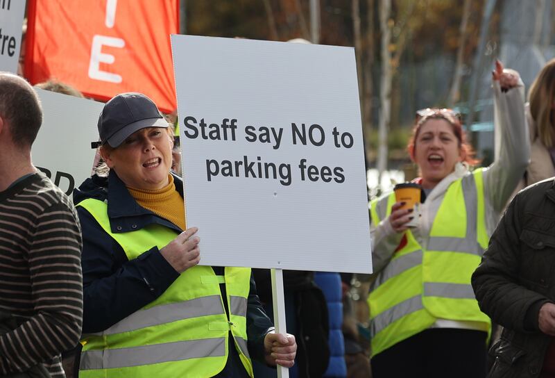 Liffey Valley workers protest against car parking charges at the centre on October 23rd: Photograph: Nick Bradshaw 