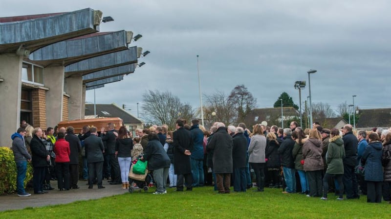 The remains of Gemma Nolan, who was also killed in the same collision along with her three friends, arrives at The Holy Family Church Askea, Co Carlow. Photograph Brenda Fitzsimons/The Irish Times