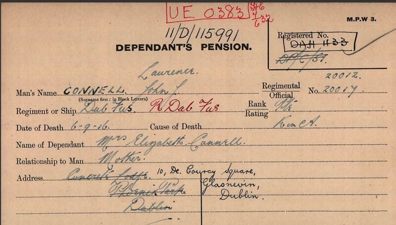 The dependent's pension card for Lawrence John Connell shows that his mother lived in Glasnevin in Dublin.