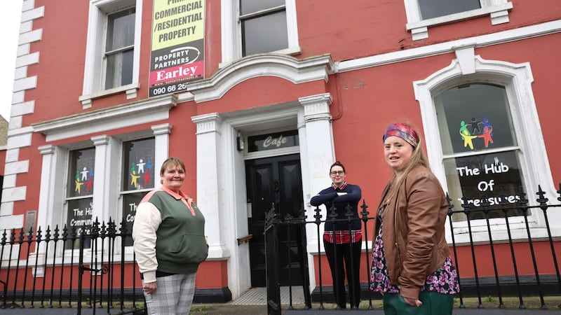 Audrey Murphy, Patricia Carolan and Sarah Flynn outside The Hub Community Cafe in Strokestown. Photograph: Dara Mac Dónaill