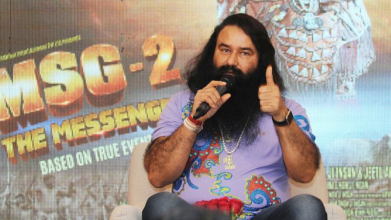 Self-styled  spiritual leader Gurmeet Ram Rahim Singh speaks prior to the release of his film ‘Messenger of God’ in New Delhi in  September 2015. Photograph: EPA/STR