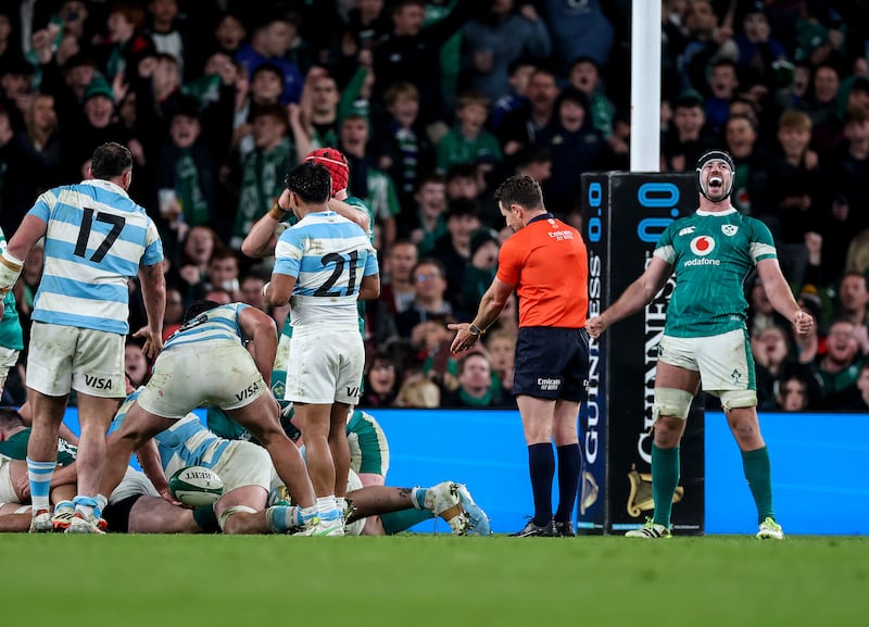 Ireland's Caelan Doris celebrates at the final whistle. Photograph: Billy Stickland/Inpho