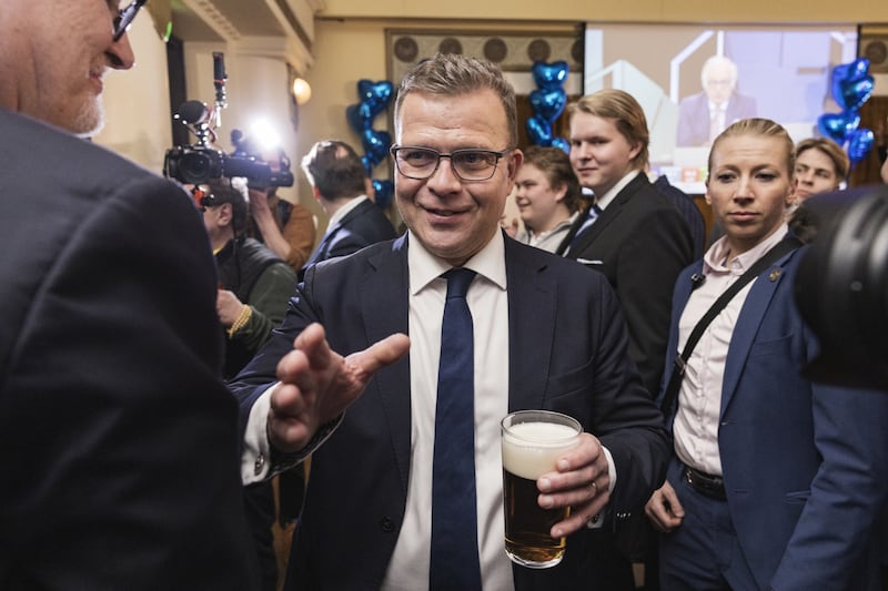 Petteri Orpo, leader of the National Coalition Party, celebrates an election night victory at the party headquarters in Helsinki, Finland. Photograph: Roni Rekomaa/Bloomberg