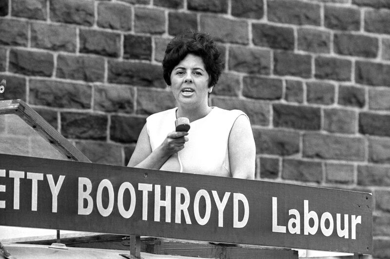 Betty Boothroyd, Labour candidate, electioneering in the Nelson and Colne byelection in 1968. Photograph: PA