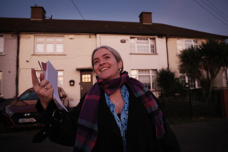 People Before Profit candidate Hazel De Nortúin canvassing in Ballyfermot, Dublin South-Central. Photograph: Bryan O’Brien