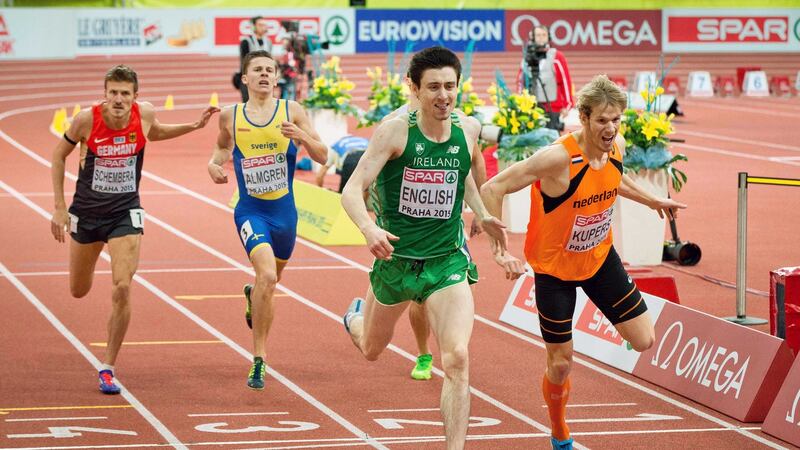 Mark English claims the silver medal ahead of Thijmen Kupers of the Netherlands in the 800m final at the 2015 European Indoor Athletics Championships at the  O2 Arena, Prague, Czech Republic.  Photograph: Morgan Treacy/Inpho