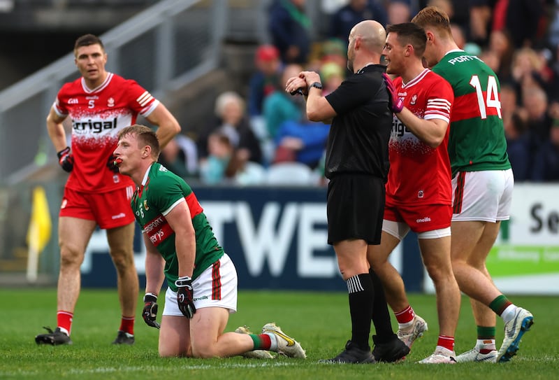 Mayo’s Ryan O'Donoghue at the final whistle of the premliminary quarter-final against Derry at Hastings MacHale Park, Castlebar. Photograph: James Crombie/Inpho 