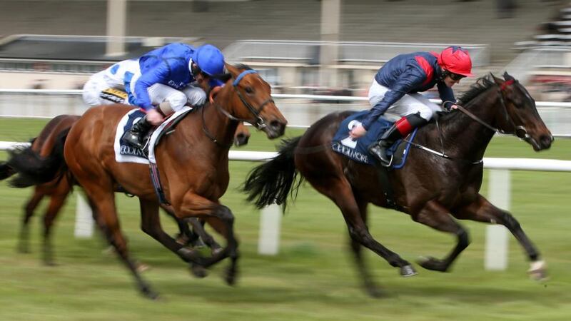 State of Emergency ridden by Emmet McNamara (right) on the way to winning the Zoffany European Breeders Fund Race at the Curragh. Photo: Brian Lawless/PA Wire